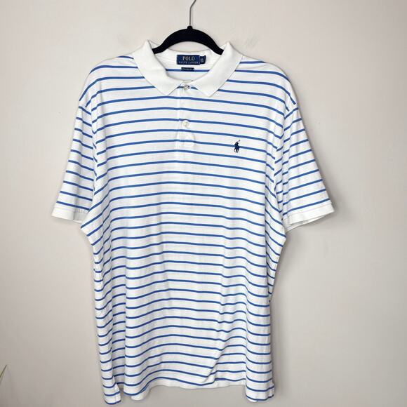 Polo Ralph Lauren XXL Classic Fit Striped Soft Cotton Polo White‎ Blue Preppy - Picture 1 of 8